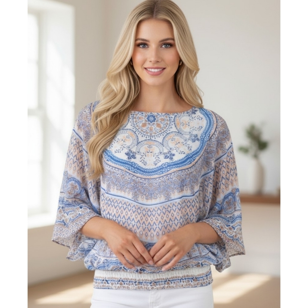 INC Kimono sleeve Gathered waist blouse White,Blue & Orange Size MP